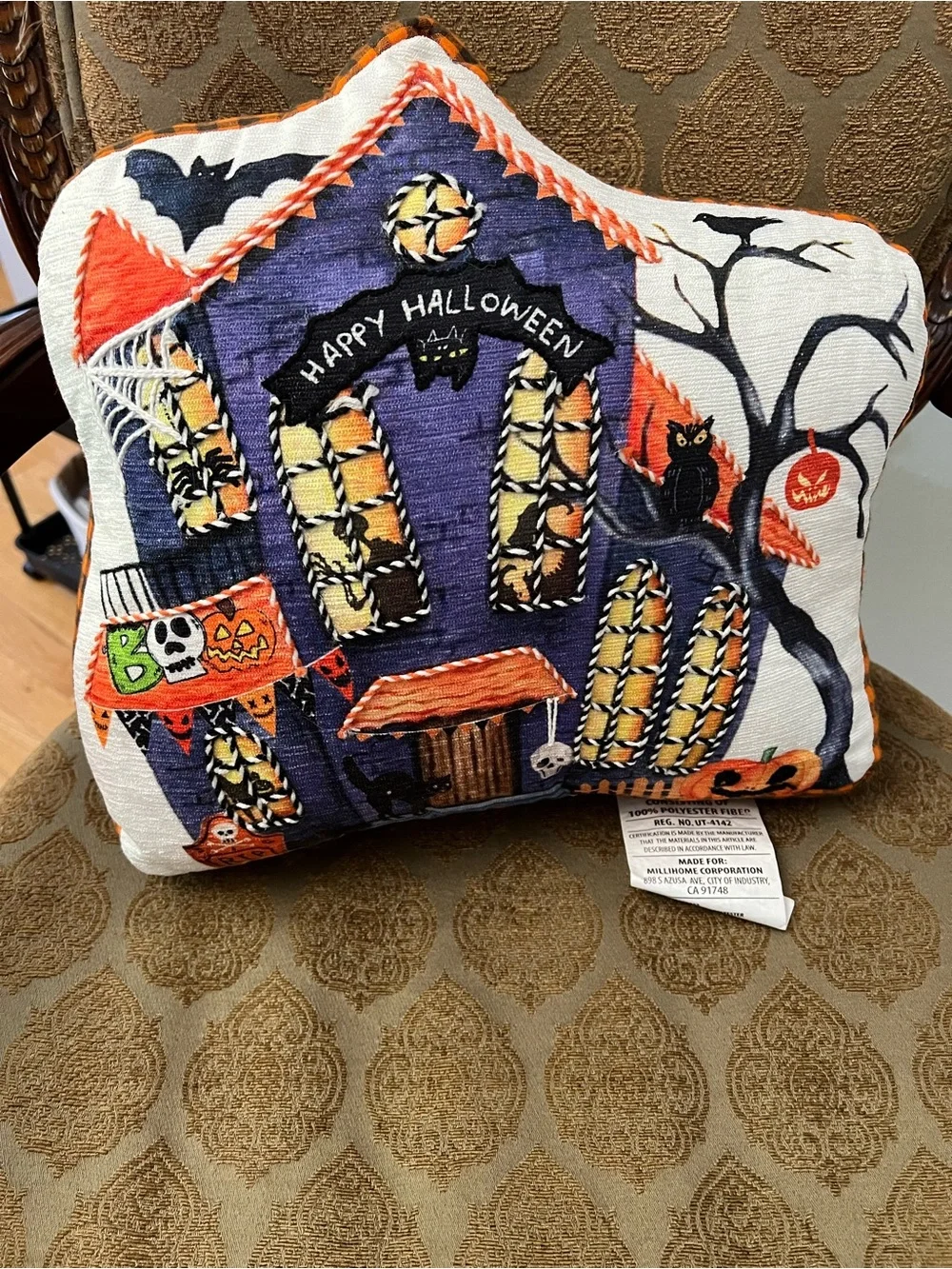 Isaac Mizrahi Halloween Haunted House Pillow - Purple & Orange